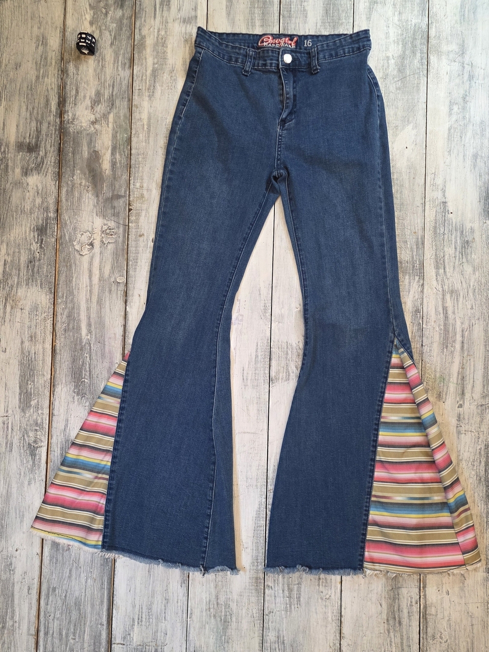 Cowgirl Hardware Retro Wide-Leg Flared Blue Jeans Multicolor Stripe Insert Sz 16